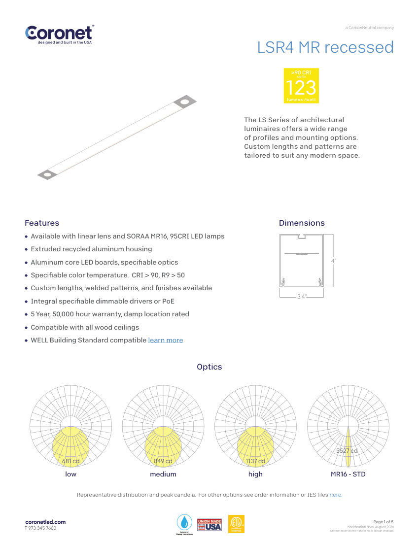 Coronet LSR4-MR-LED-LINEAR,-RECESSED-LUMINAIRE cut sheet — first page