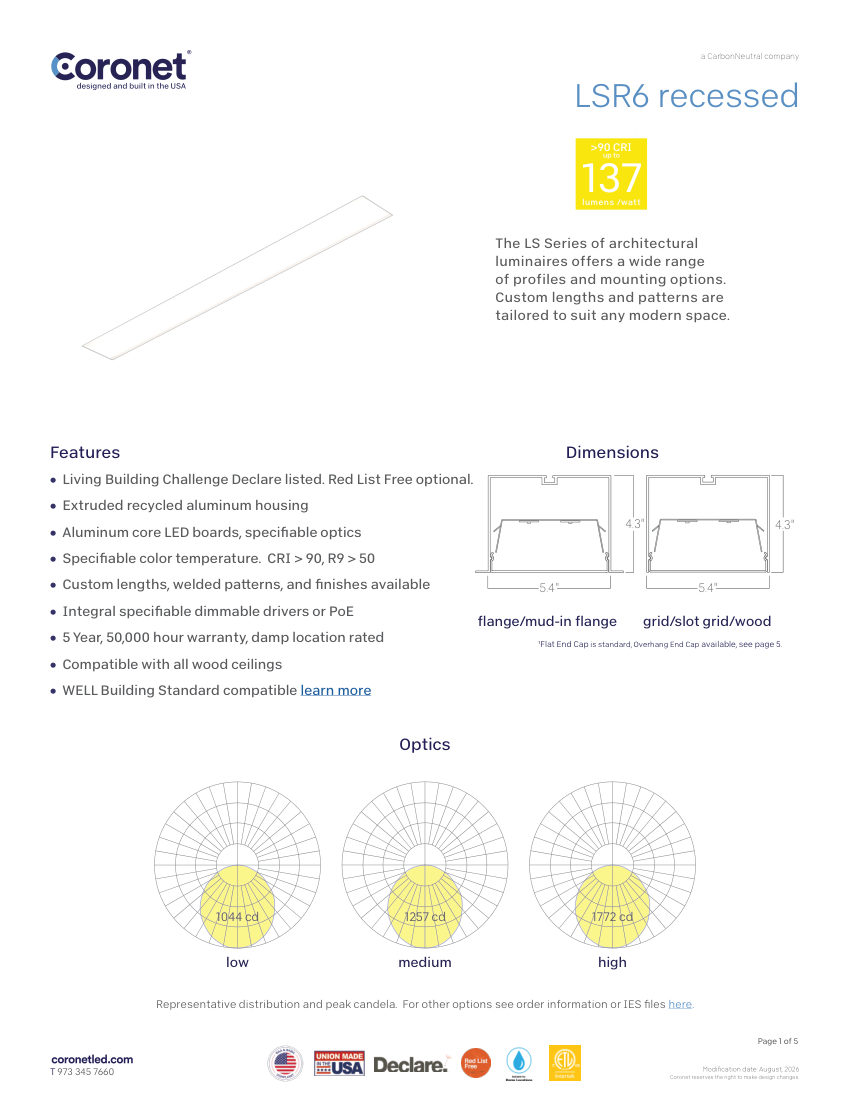 Coronet LSR6-LINEAR-RECESSED-ARCHITECTURAL-LIGHT cut sheet — first page