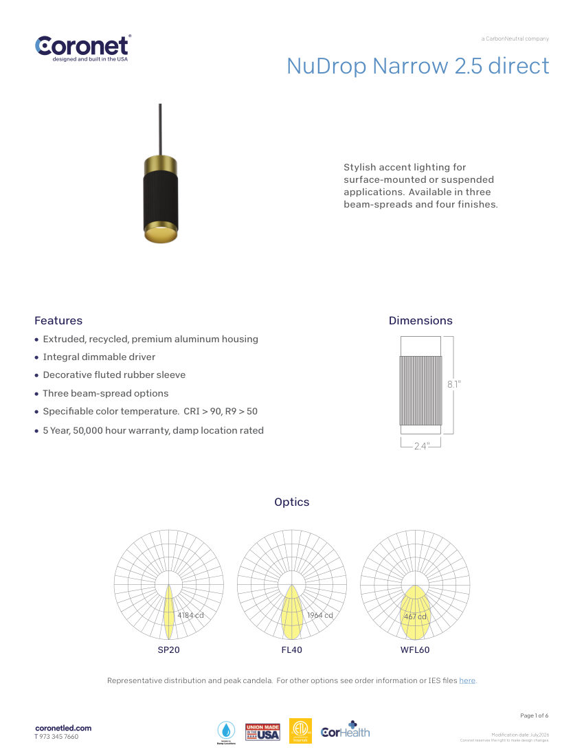 Coronet NUDROP-NARROW-LED-CYLINDER-PENDANT cut sheet — first page