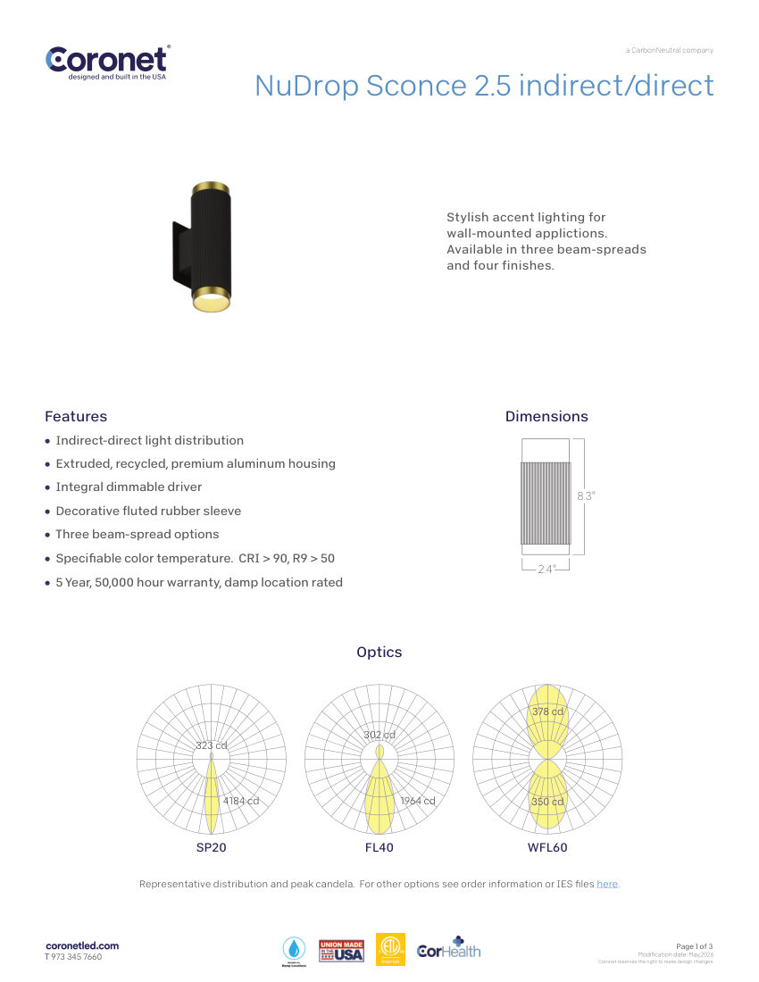 Coronet NUDROP-SCONCE-2.5 cut sheet — first page