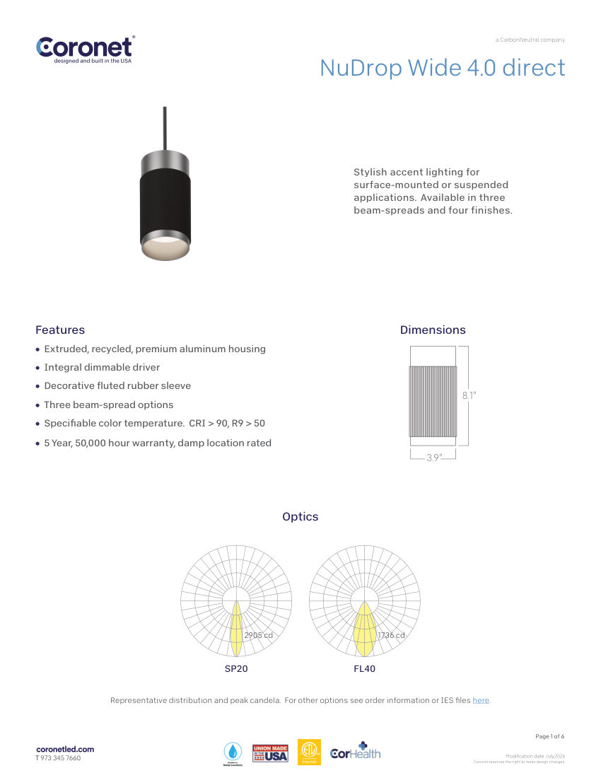 Coronet NUDROP-WIDE-LED-CYLINDER-PENDANT cut sheet — first page