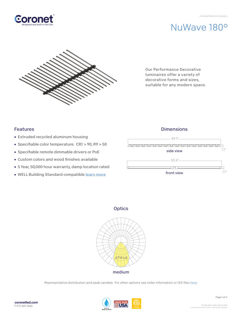 Coronet NUWAVE-CUSTOM-DESIGNED-WAVE-FORM-LED-LUM cut sheet — first page