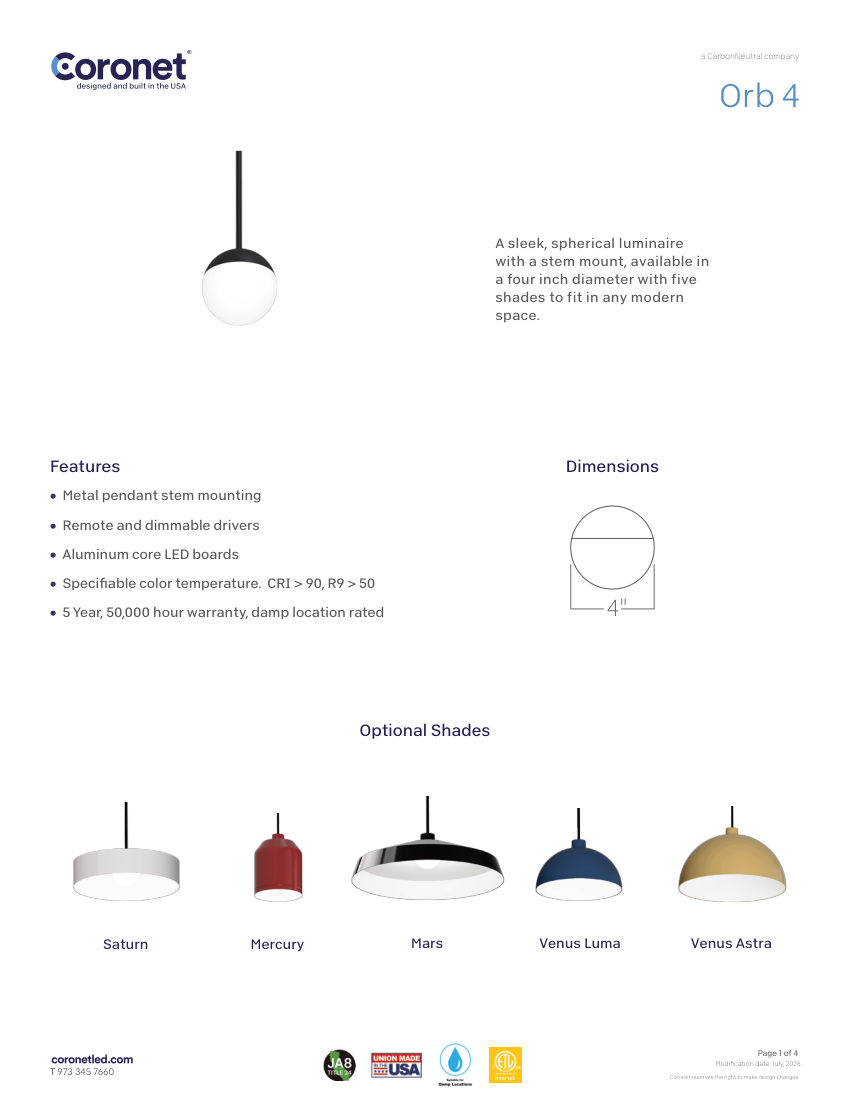 Coronet ORB-4-PENDANT cut sheet — first page