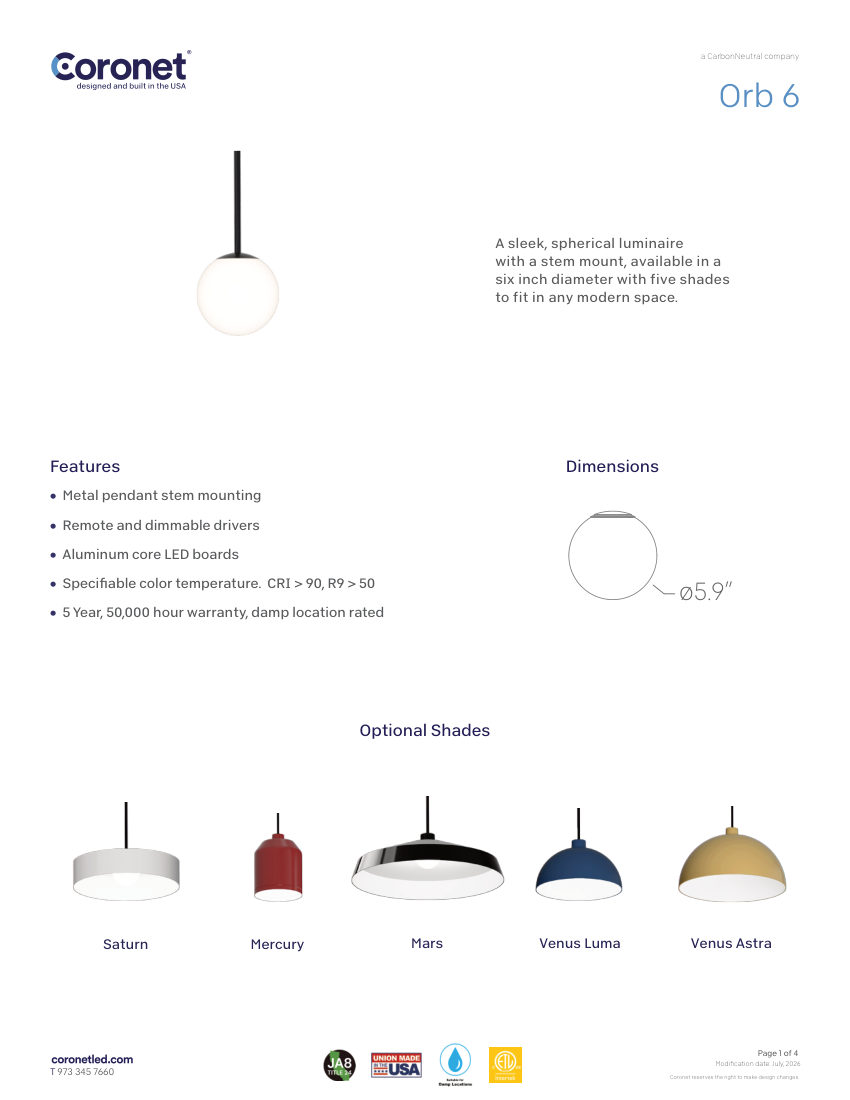 Coronet ORB-6-PENDANT cut sheet — first page