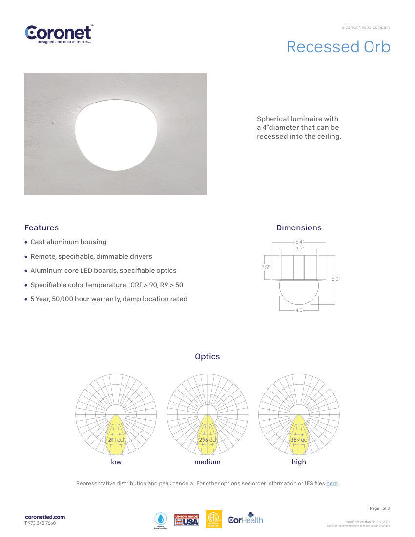 Coronet ORB-RECESSED cut sheet — first page