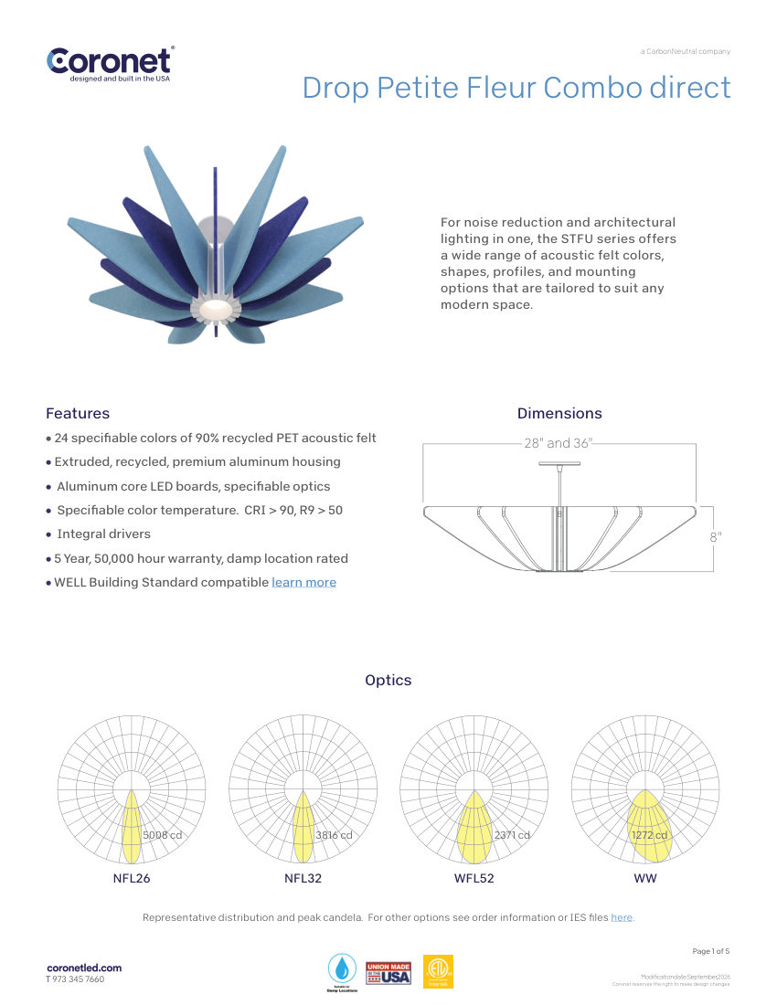 Coronet PETITE-FLEUR-COMBO-LED-CYLINDER-PENDANT cut sheet — first page