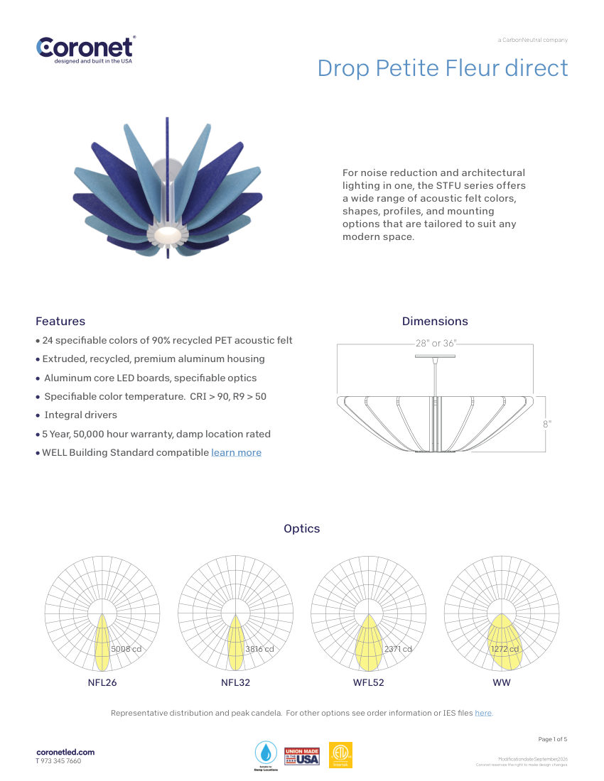 Coronet PETITE-FLEUR-DIRECT-LED-CYLINDER-PENDANT cut sheet — first page