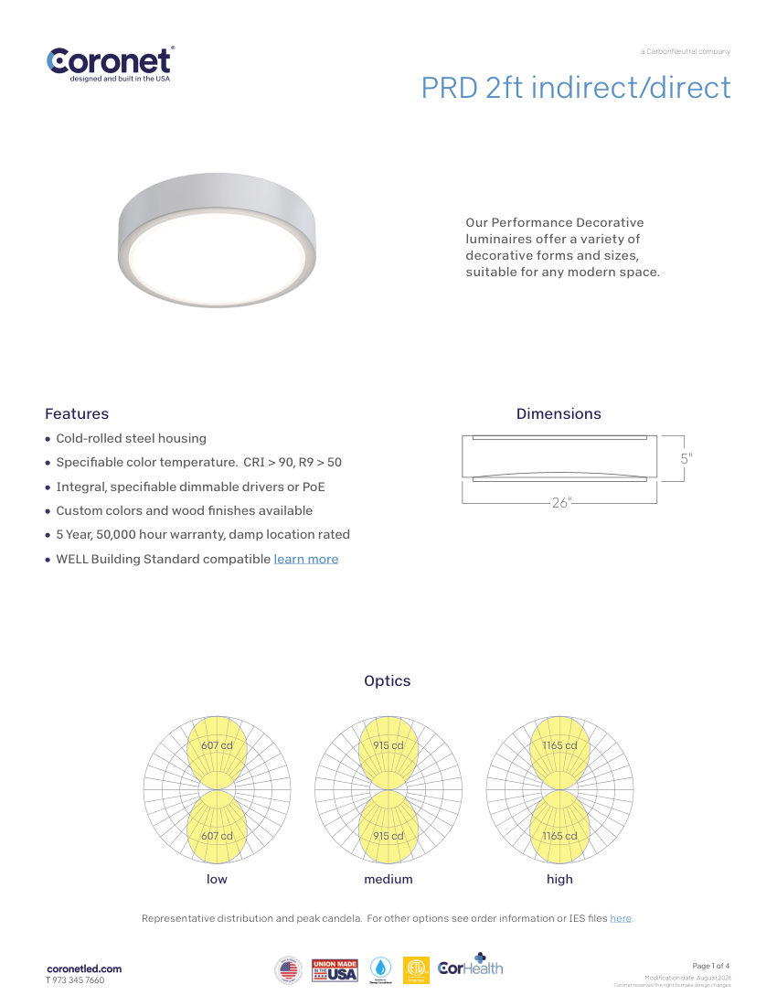 Coronet PRD--ROUND-ARCHITECTURAL-LED-LUMINAIRE cut sheet — first page