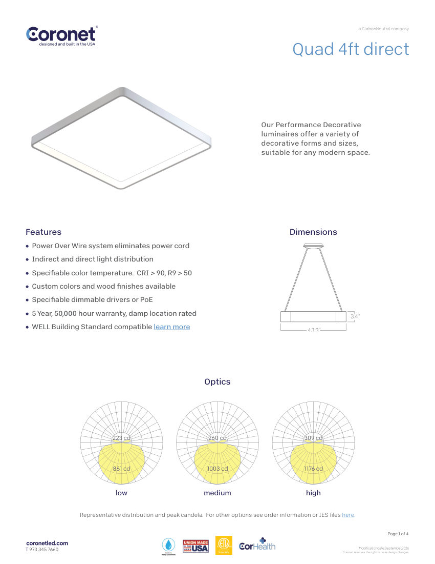 Coronet QUAD-LED-MODERN-SQUARE-PENDANT-LED-LIGHT cut sheet — first page