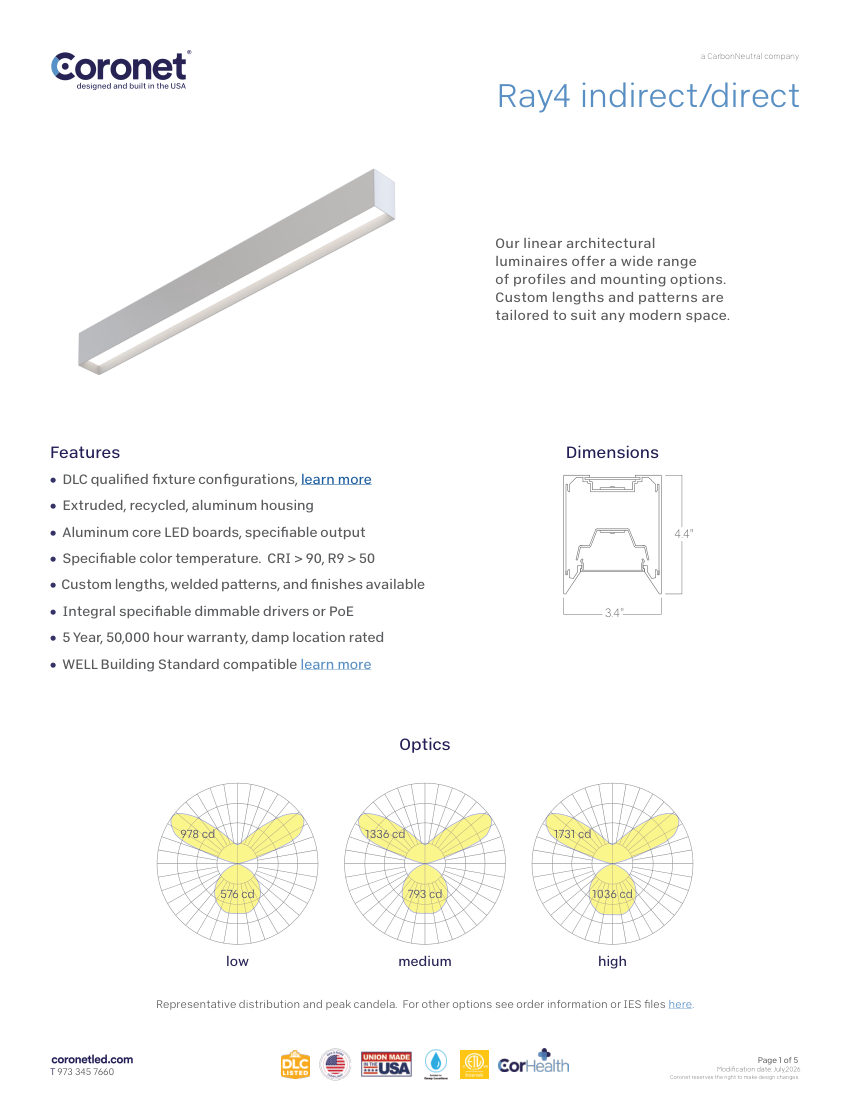 Coronet RAY4-LED-LUMINAIRE-PENDANT-LIGHTING cut sheet — first page