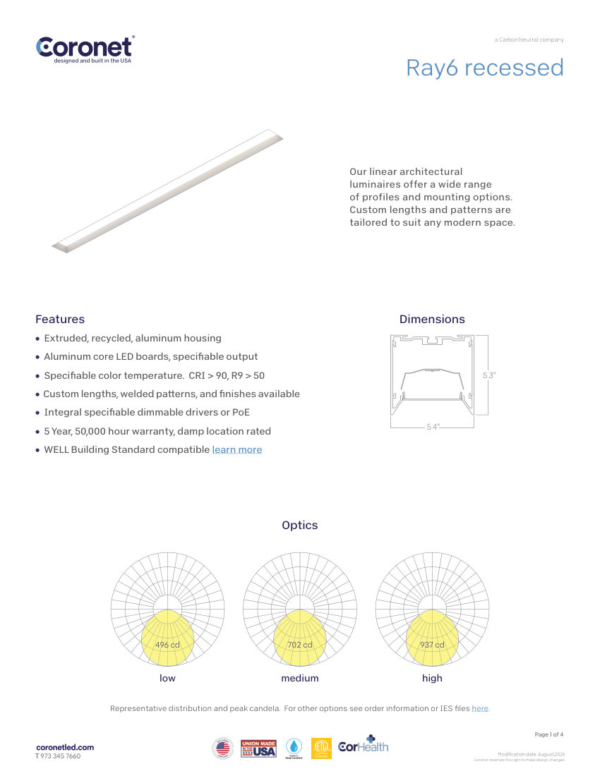 Coronet RAY6-LED-LUMINAIRE-PENDANT-LIGHTING cut sheet — first page