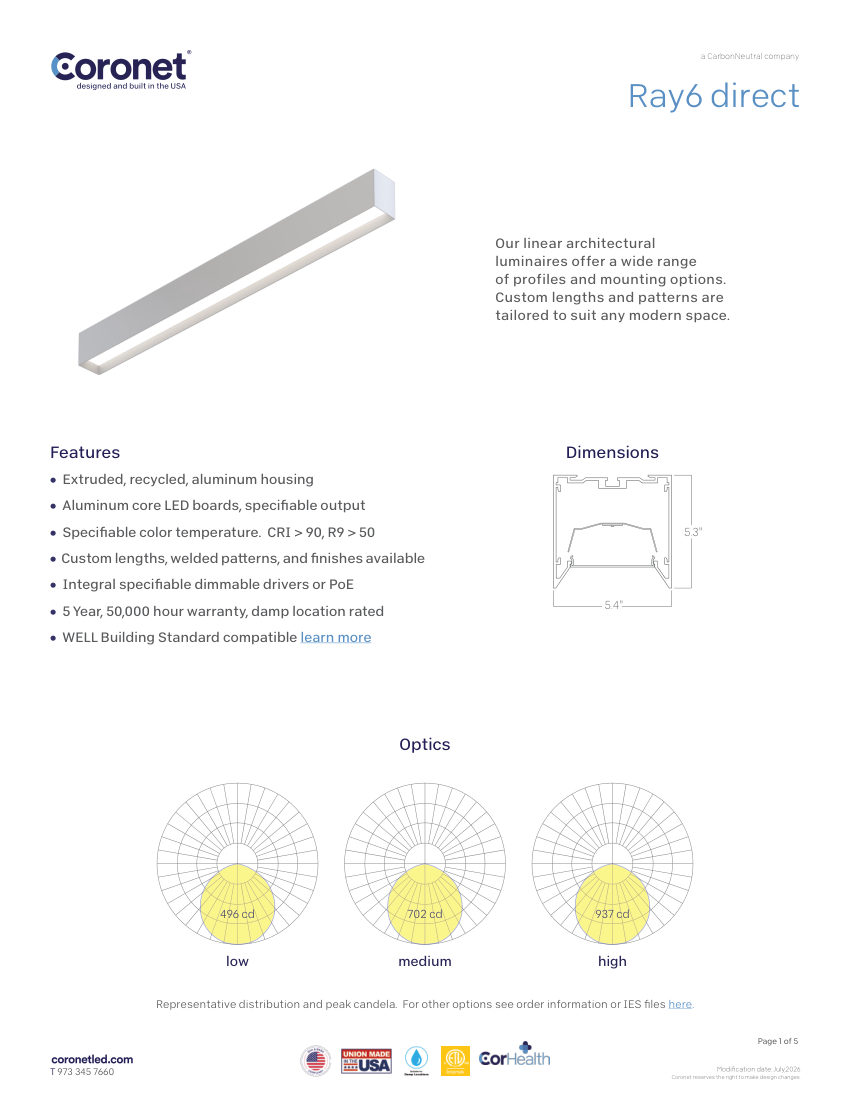 Coronet RAY6-REC-LED-LUMINAIRE-RECESSED-LIGHTING cut sheet — first page