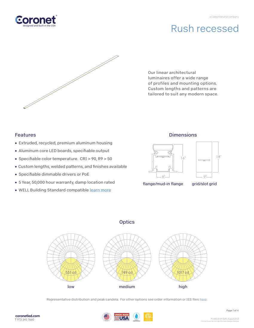 Coronet RUSH-RECESSED cut sheet — first page