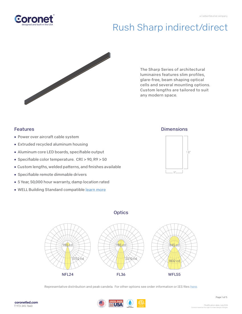 Coronet RUSH-SHARP-LED-LUMINAIRE-LIGHTING cut sheet — first page