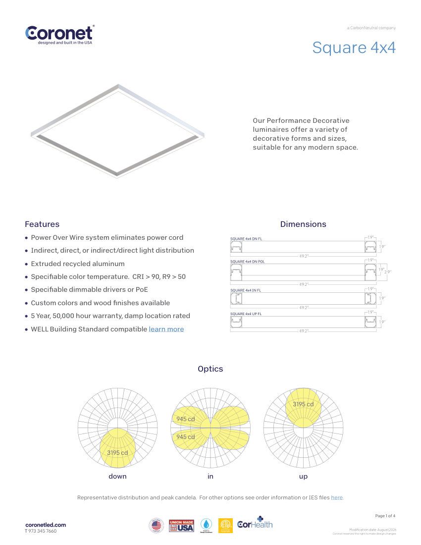 Coronet SQUARE-MODERN-PENDANT-LIGHTING cut sheet — first page