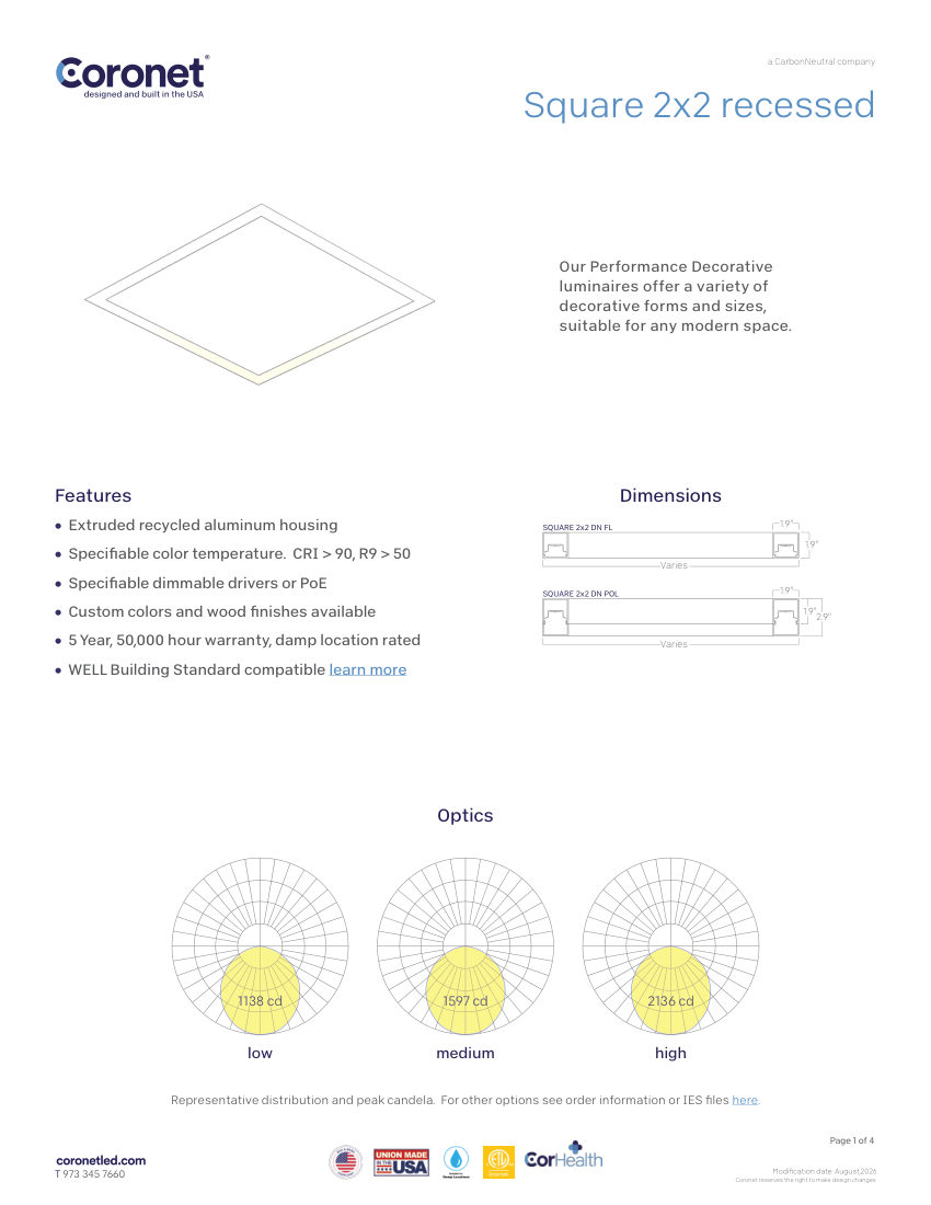 Coronet SQUARE-MODERN-RECESSED-LIGHTING cut sheet — first page