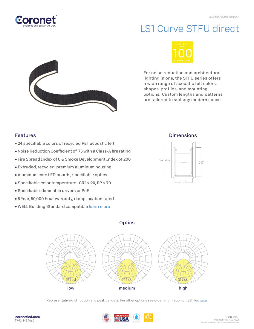 Coronet STFU-SOUND-DAMPENING-LIGHTING cut sheet — first page