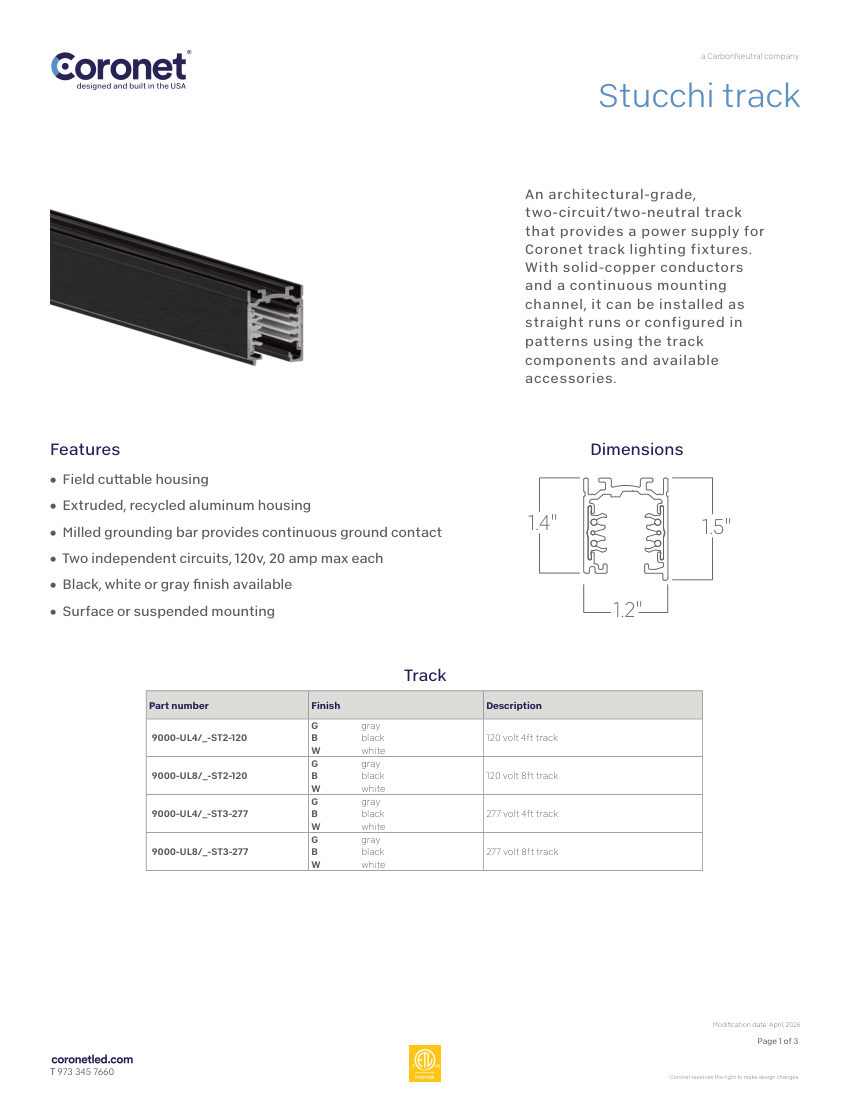Coronet STUCCHI-TRACK cut sheet — first page