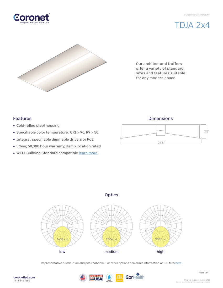 Coronet TDJA-LED-RECESSED-LIGHTING cut sheet — first page