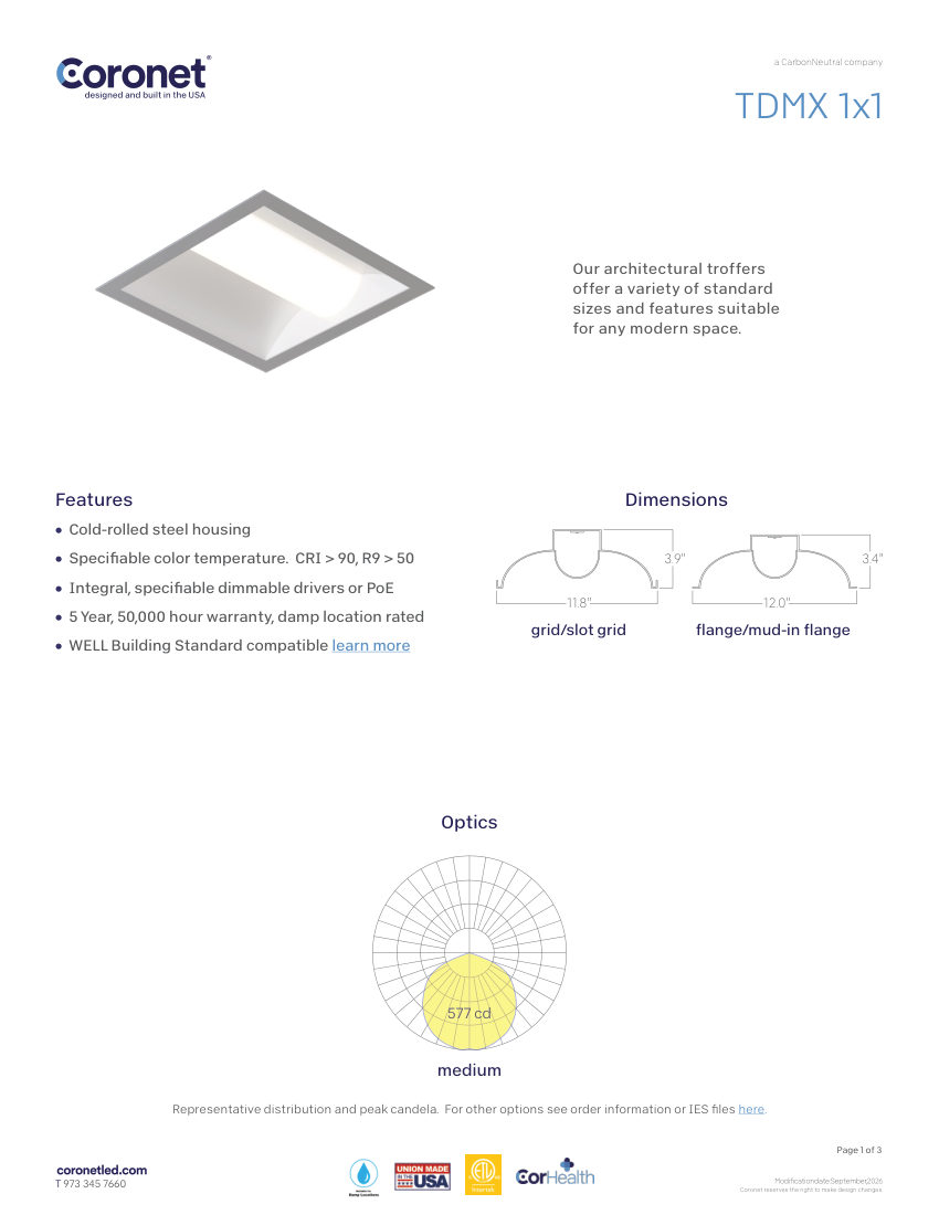 Coronet TDMX-1X1-LED-FLUORESCENT-LIGHTING-FIXTUR cut sheet — first page