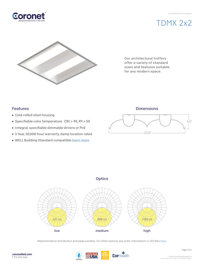 Coronet TDMX-LED-RECESSED-COMMERCIAL-LIGHTING-FI cut sheet — first page