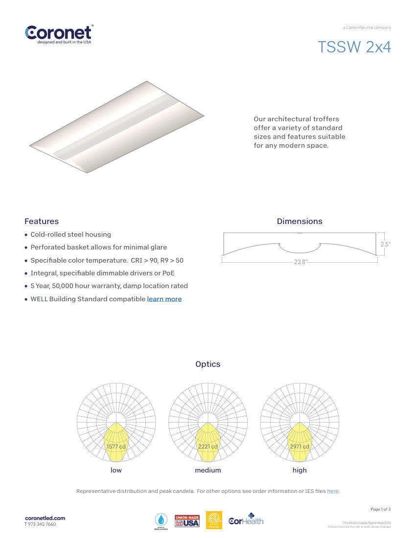 Coronet TSSW-SHALLOW-CENTER-BASKET-LIGHT-FIXTURE cut sheet — first page