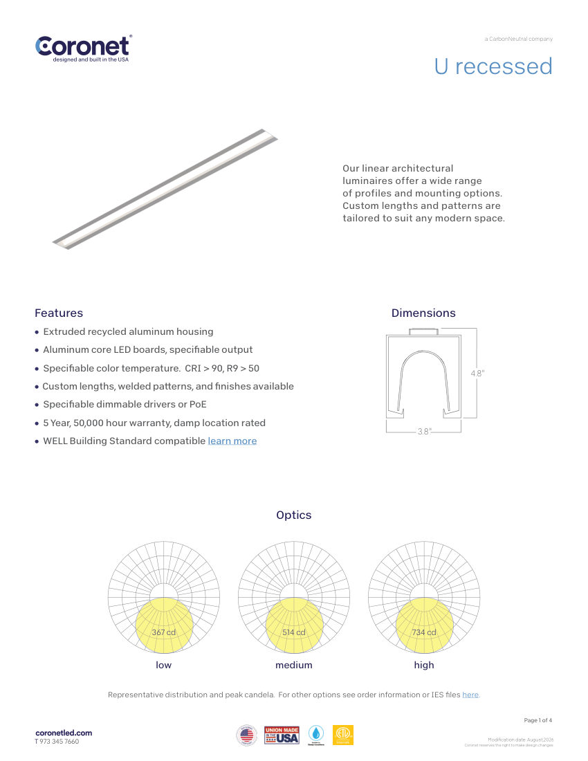 Coronet U-RECESSED cut sheet — first page