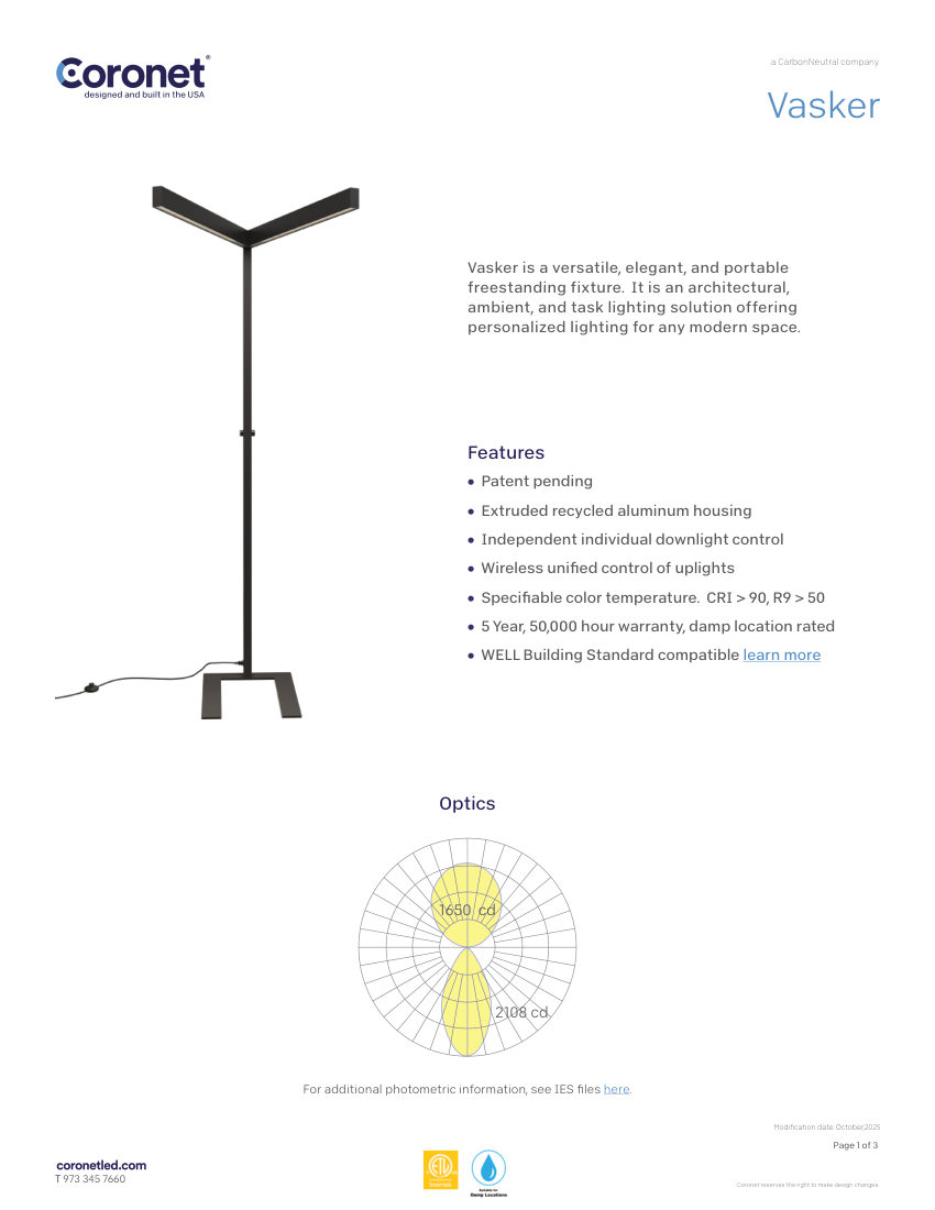 Coronet VASKER-FREE-STANDING-ARCHITECTURAL-TASK cut sheet — first page