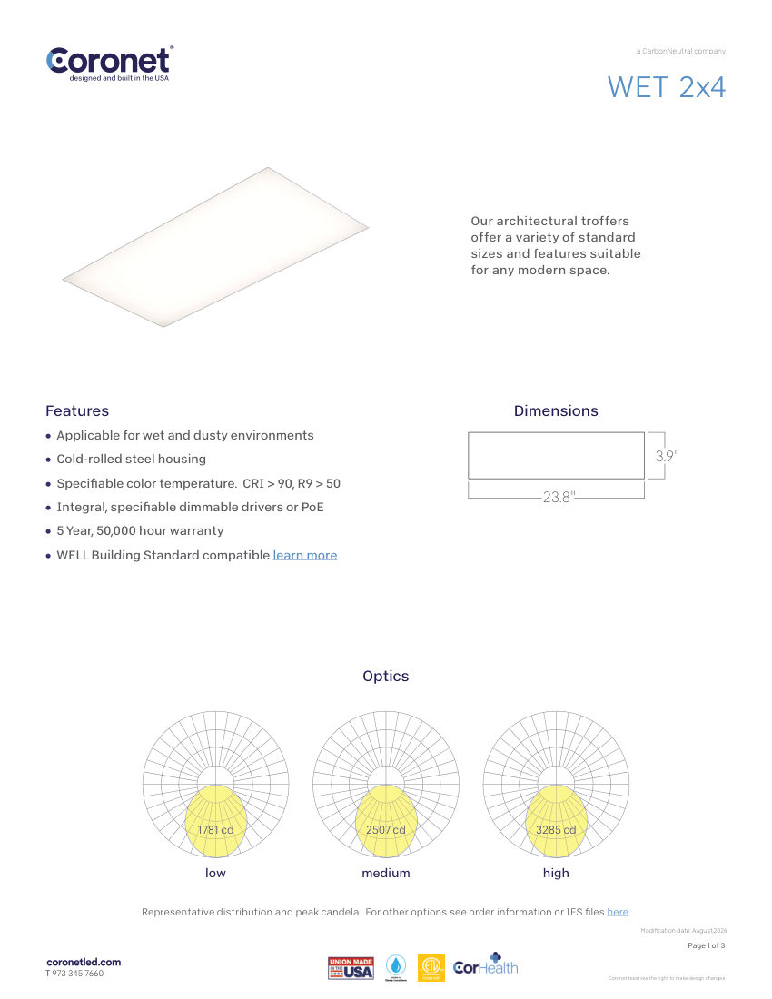 Coronet WET cut sheet — first page