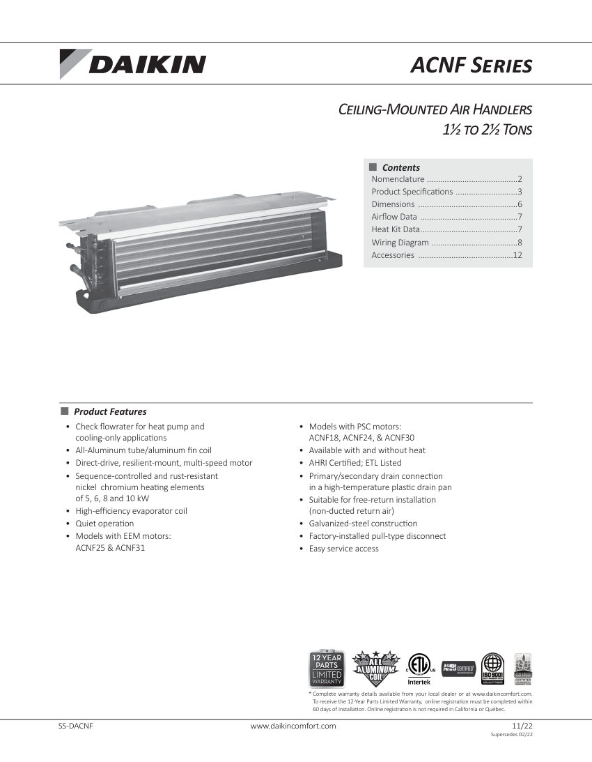 Daikin ACNF180016D* cut sheet — first page