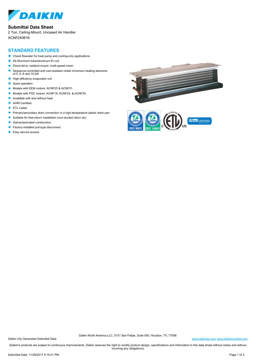 Daikin ACNF240616 cut sheet — first page