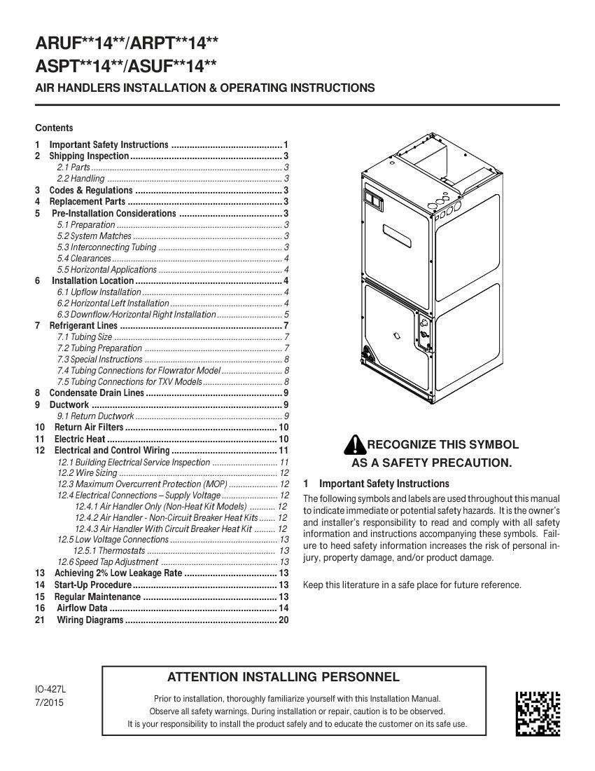 Daikin ARUF**14** cut sheet — first page