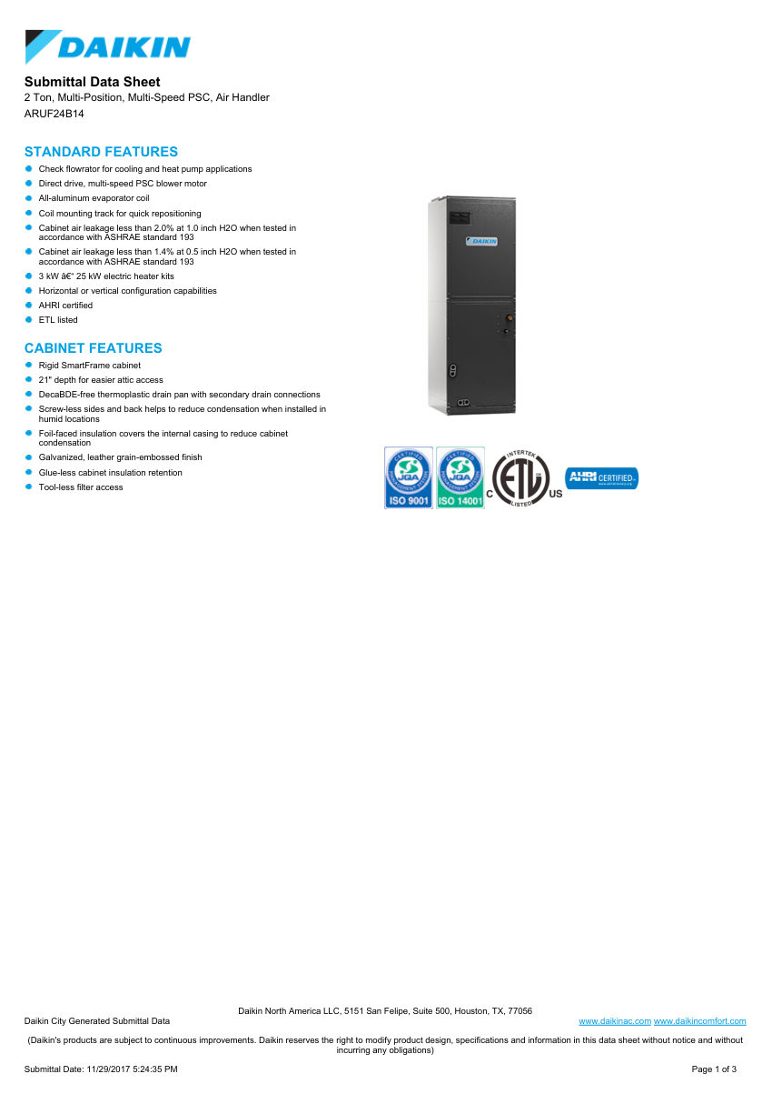 Daikin ARUF24B14 cut sheet — first page