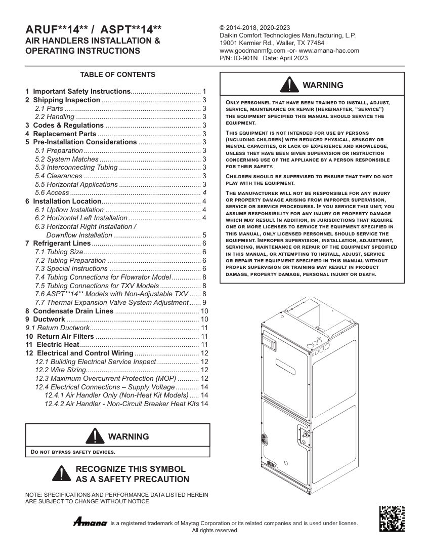 Daikin ARUF25B14 cut sheet — first page