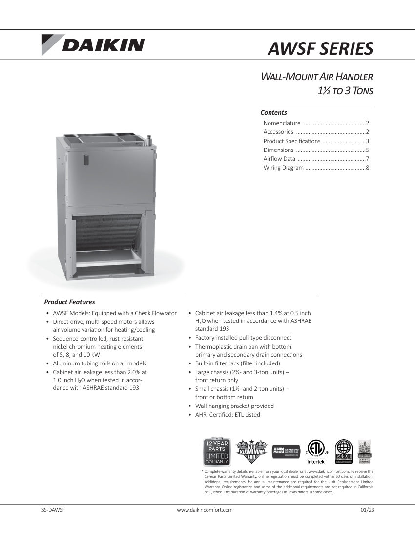 Daikin AWSF18SU1605 AA cut sheet — first page