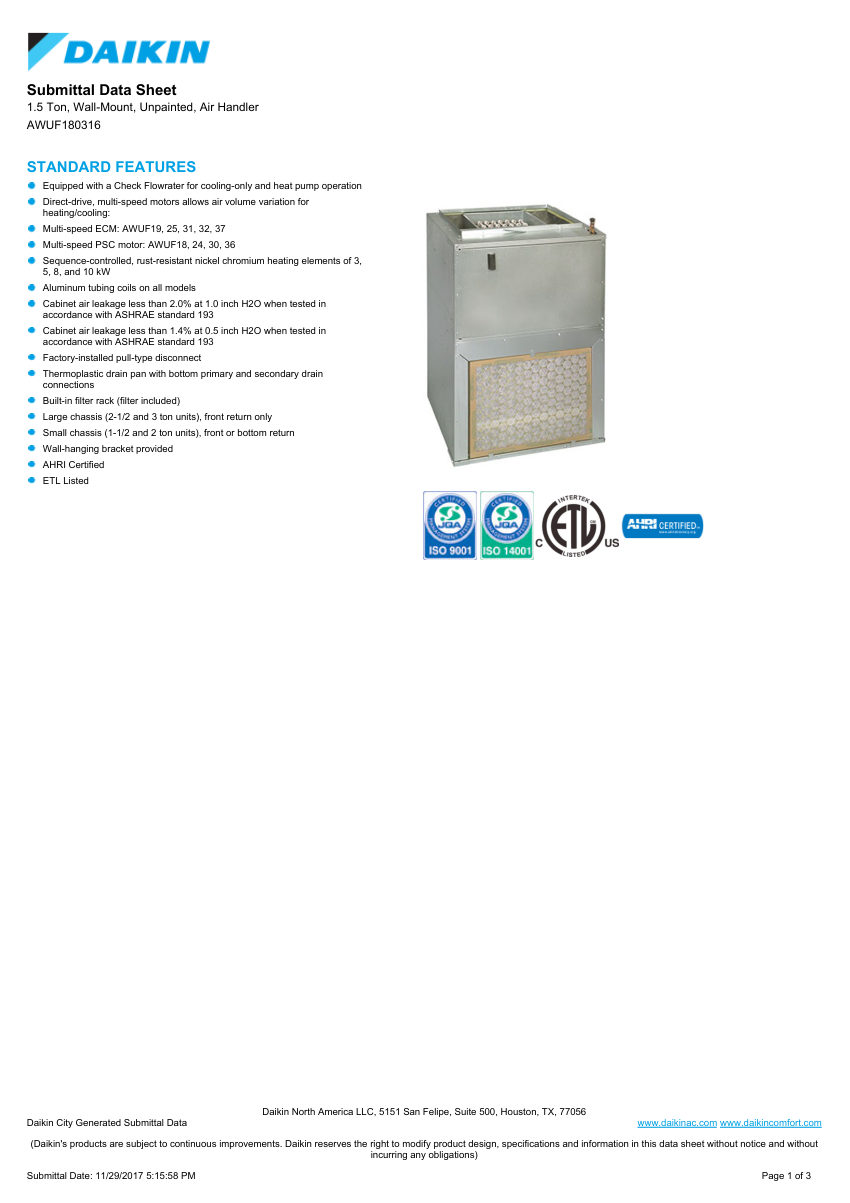 Daikin AWUF180316 cut sheet — first page