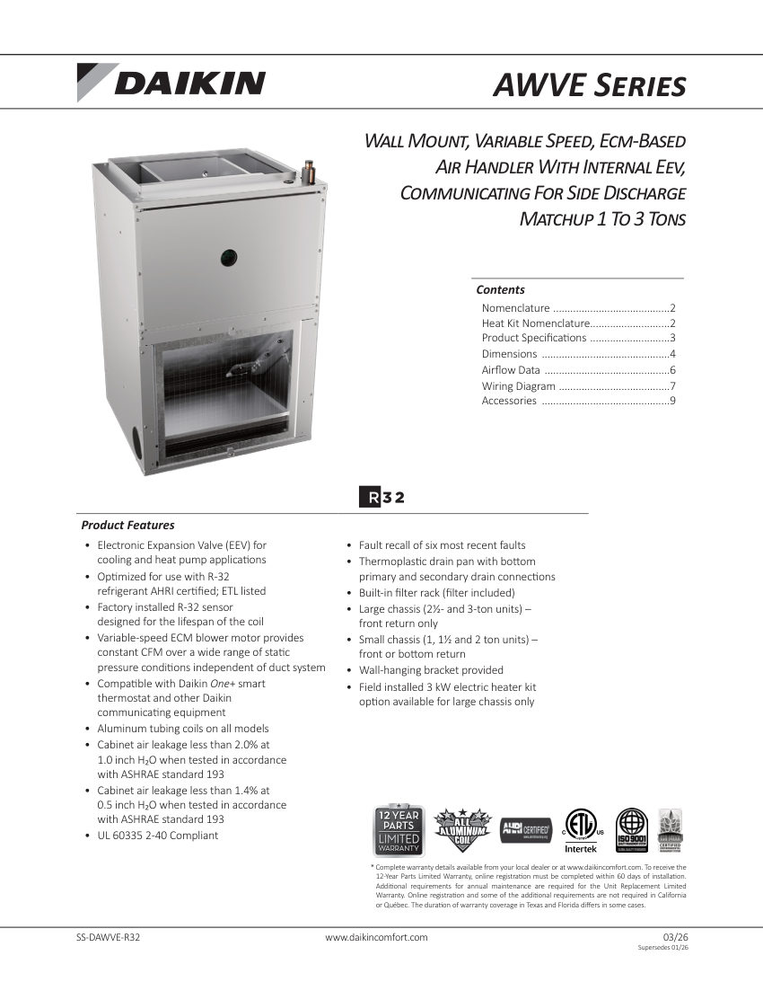 Daikin AWVE12SU1300 cut sheet — first page