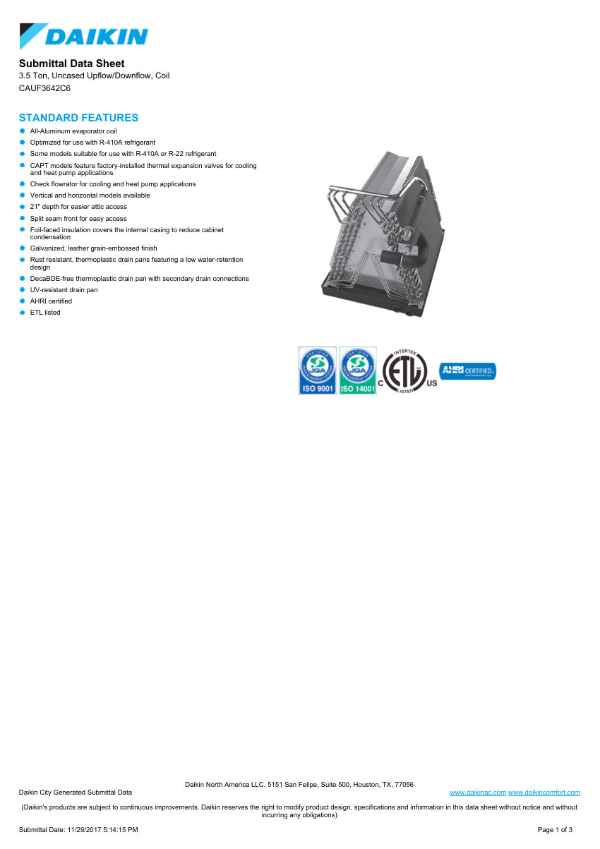 Daikin CAUF3642C6 cut sheet — first page