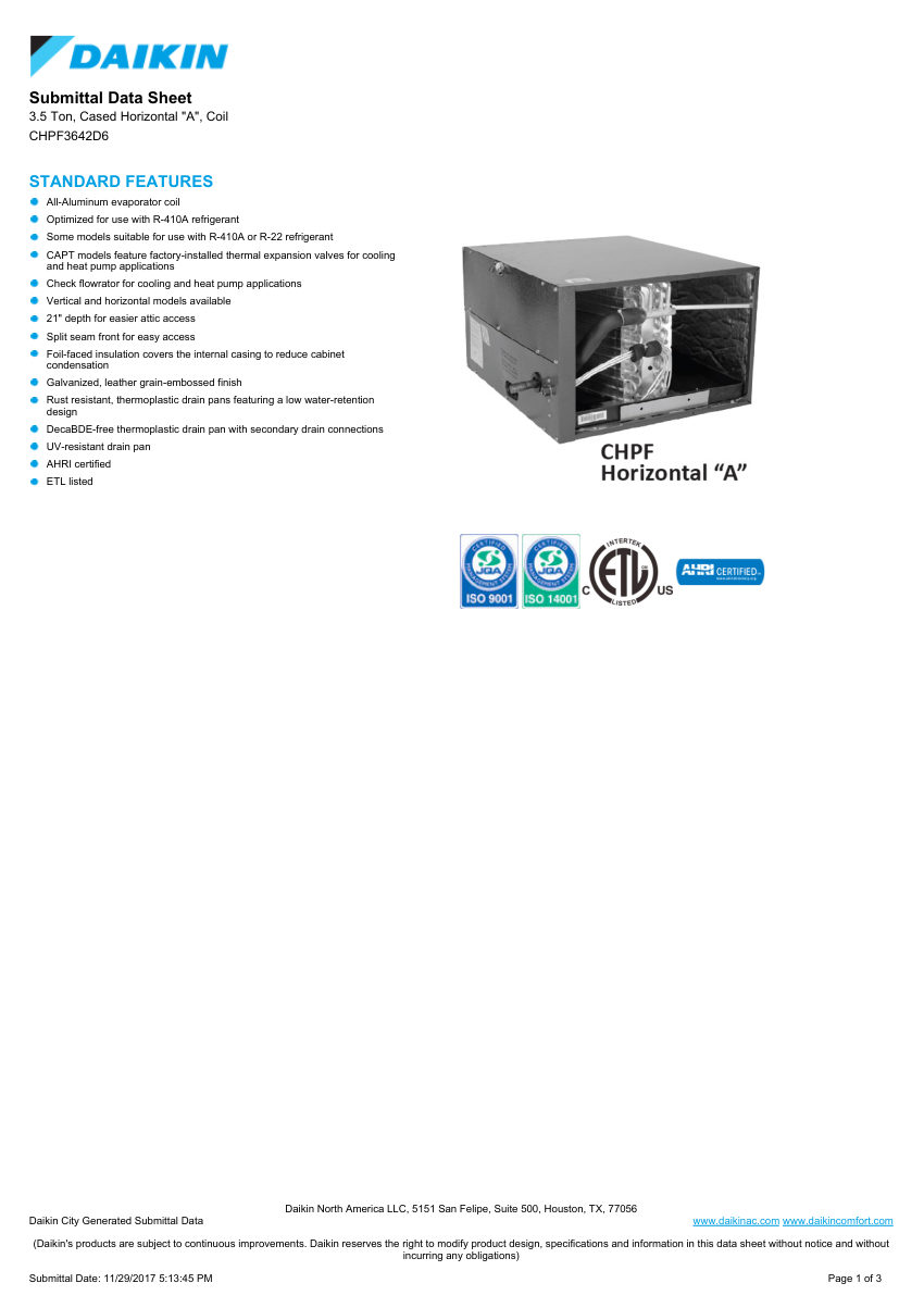 Daikin CHPF1824A6 cut sheet — first page