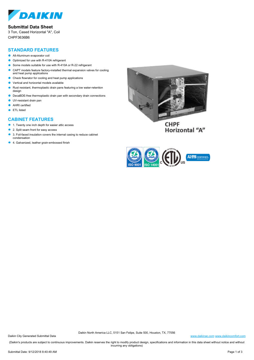 Daikin CHPF3636B6 cut sheet — first page