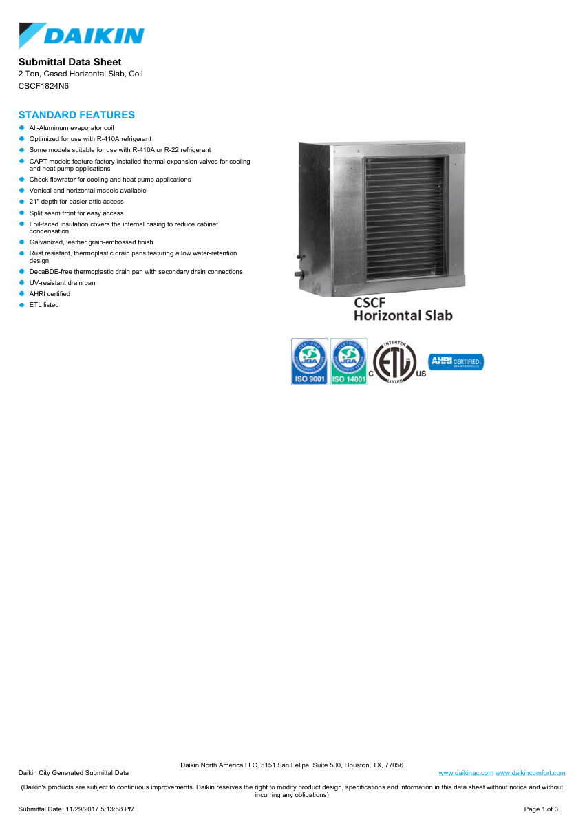 Daikin CSCF1824N6 cut sheet — first page