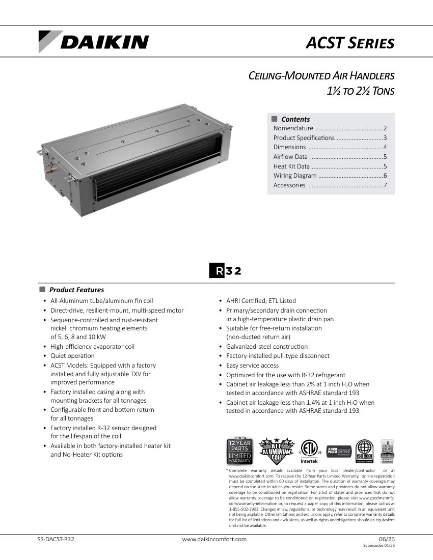 Daikin DACST-R32 cut sheet — first page