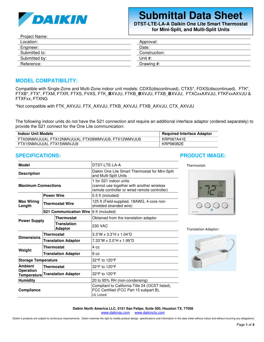 Daikin Daikin Daikin ONE Lite Submittal cut sheet — first page