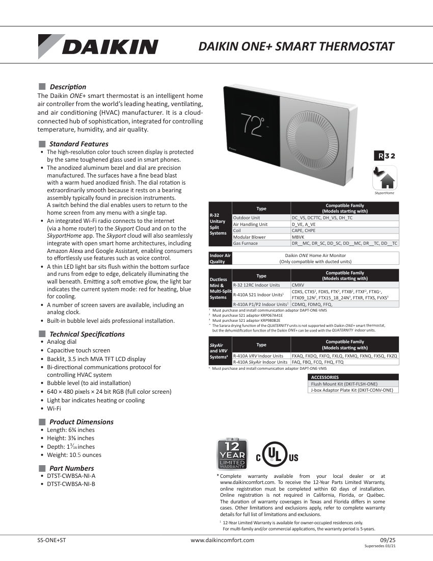 Daikin Daikin Daikin One cut sheet — first page