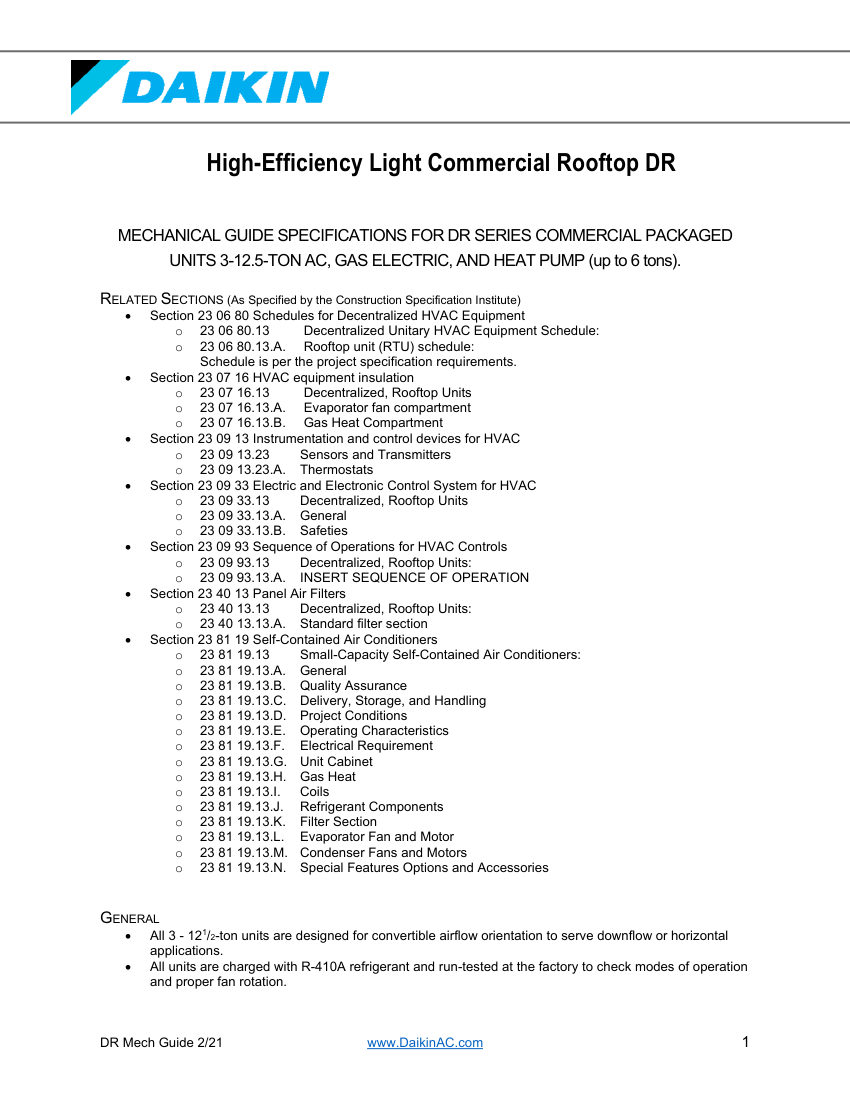 Daikin Daikin DR Mechanical Guide cut sheet — first page