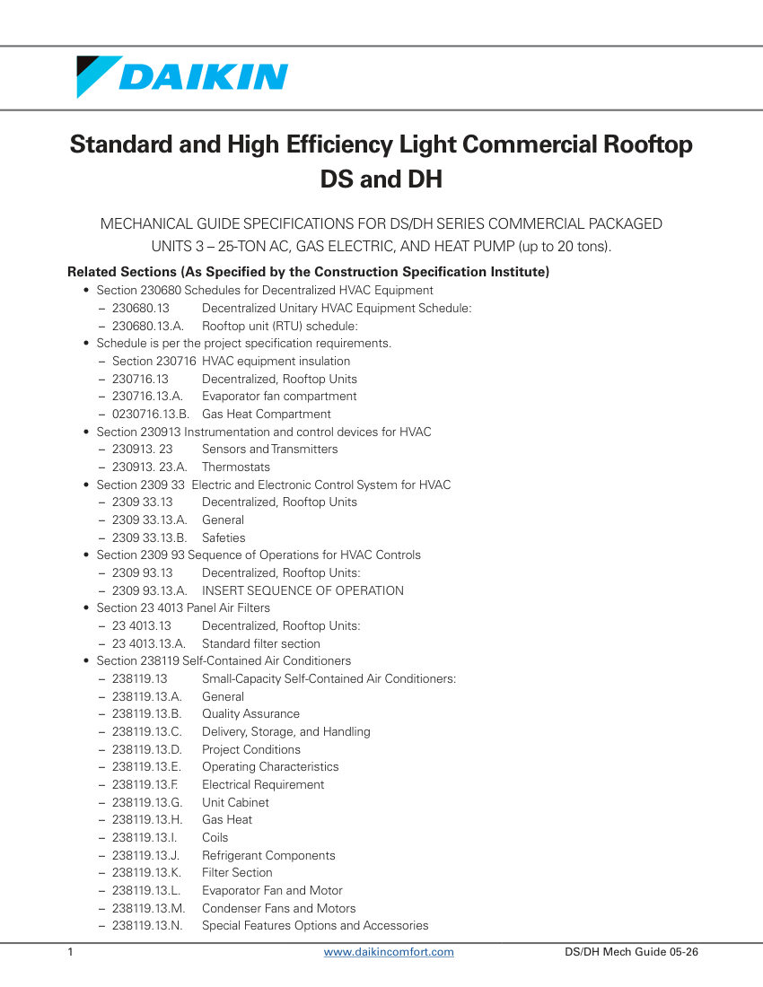 Daikin Daikin DS-DH Mechanical Guide cut sheet — first page
