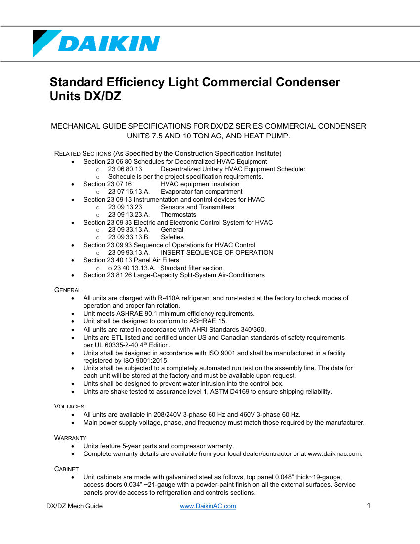 Daikin Daikin dx_dz-mechanical-guide cut sheet — first page