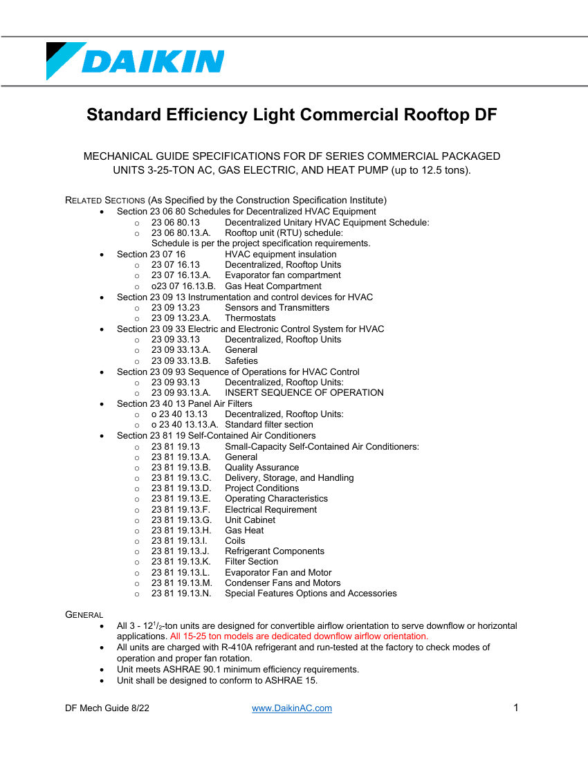 Daikin Daikin MG-DF Mech Guide cut sheet — first page