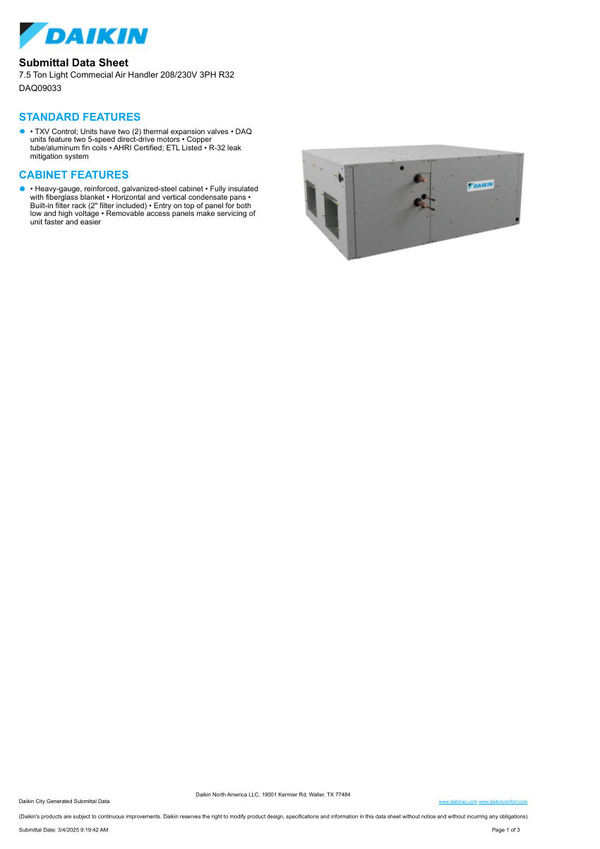 Daikin DAQ09033 cut sheet — first page