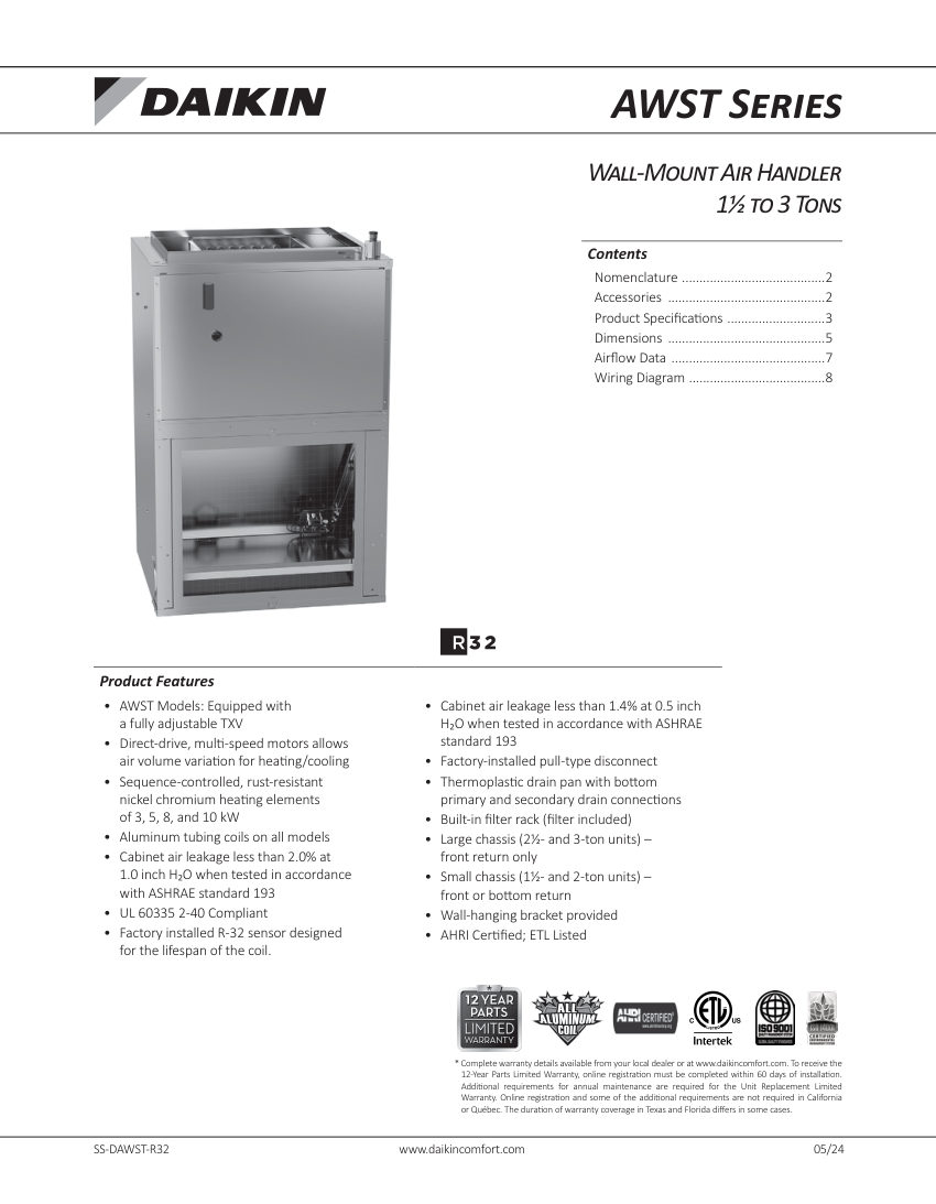 Daikin DAWST-R32 cut sheet — first page